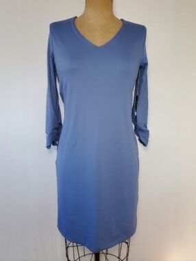JudyP Size S/M NEW Blue Sheath Bodycon Midi Dress V-Neck Sleeves Stretch USA